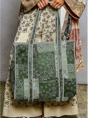 POL Green Patchwork Quilted Tote Bag